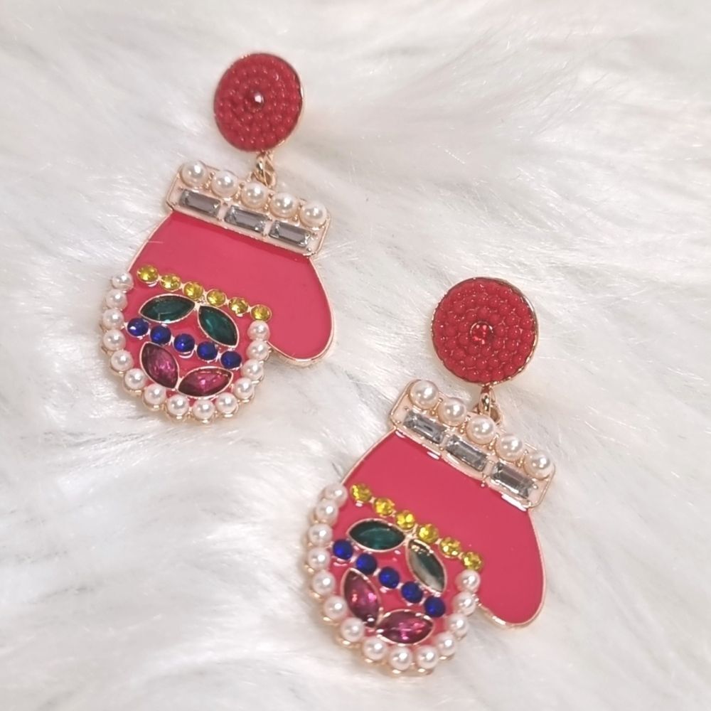 CB5 RED MITTEN CHRISTMAS EARRINGS pearl rhinestone